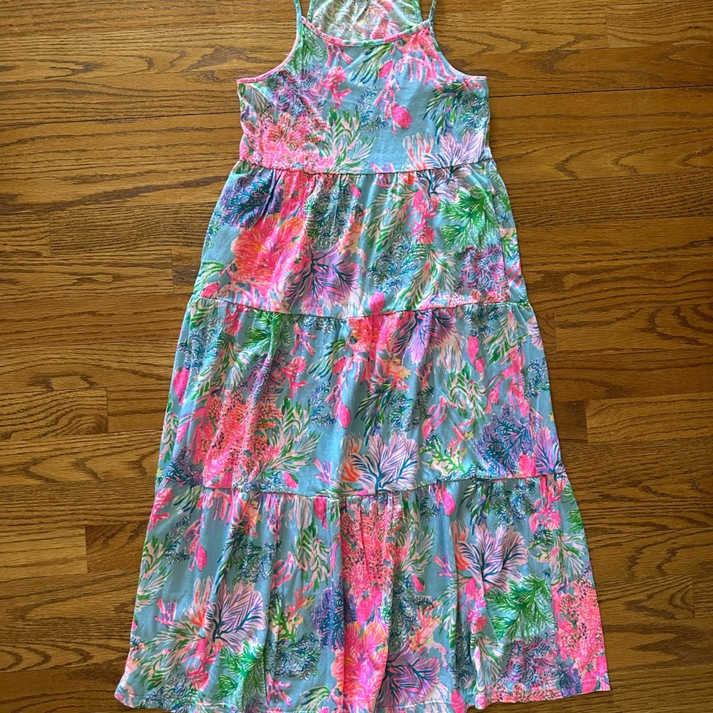 Lilly Pulitzer, Pink and Blue Tiered Ruffled Maxi Sundress.